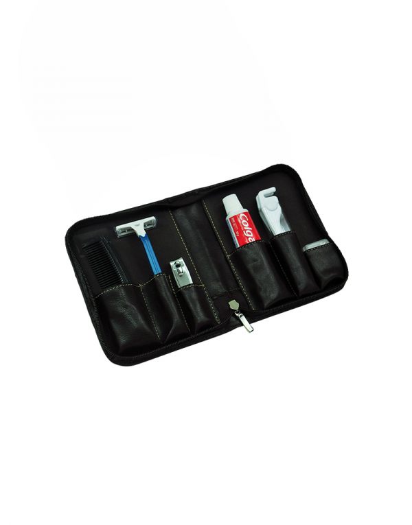 kit higiene completo possui 06 compartimento e acompanha itens internos creme dental escova de dentes fio dental barbeador cortador de unha e pente sintetico preto