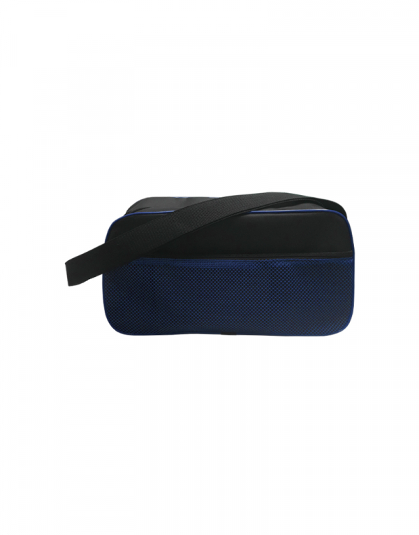 mala de viagem curta produzida em poliester 600 preto com detalhes em poliester 600 azul e tela frontal azul