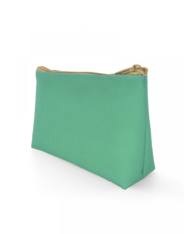 Necessaire vani poliester verde agua com ziper caqui foto lateral