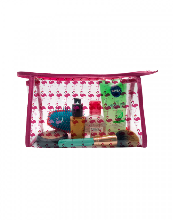 necessaire praia em cristal transparente e detalhes em sintetico pink