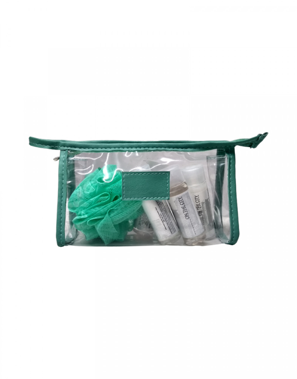 necessaire praia em cristal transparente e detalhes em sintetico verde agua