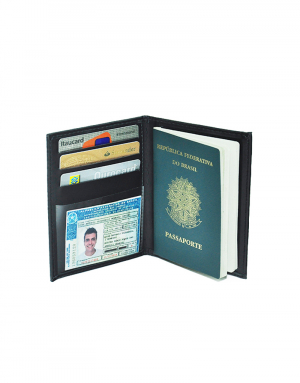 Porta passaporte pequeno produzido em material sintético preto possui 3 porta cartões porta cnh e porta passaporte alem de um porta notas