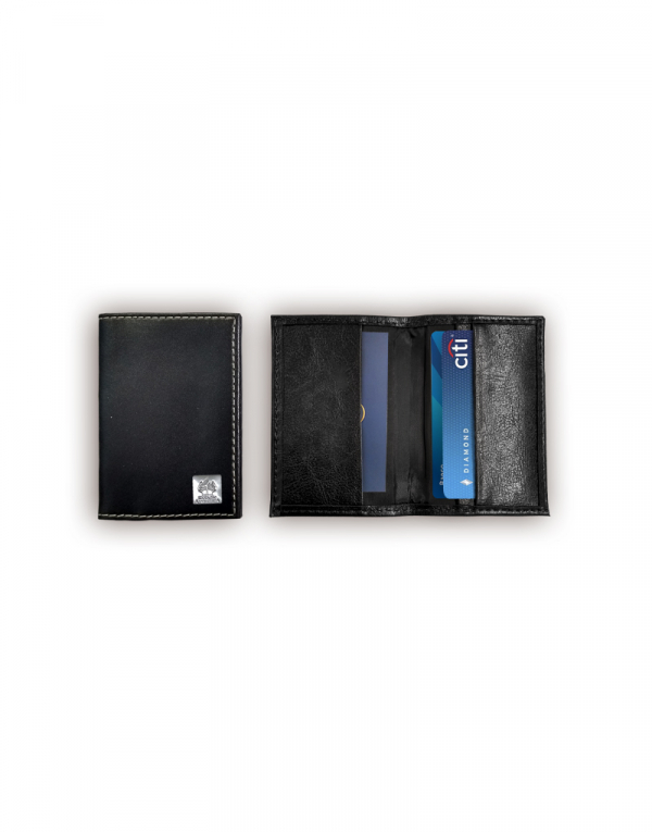 Porta cartão de visita produzido em material sintético preto foto fechado e aberto demonstrando espaçoes para guardar cartões