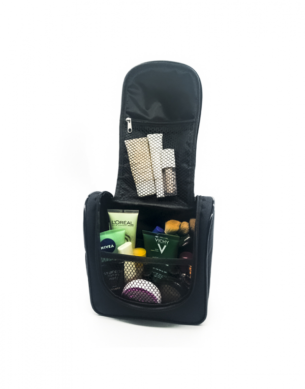 necessaire bau em poliester prada azul marinho com detalhes em sintetico marrom com itens internos