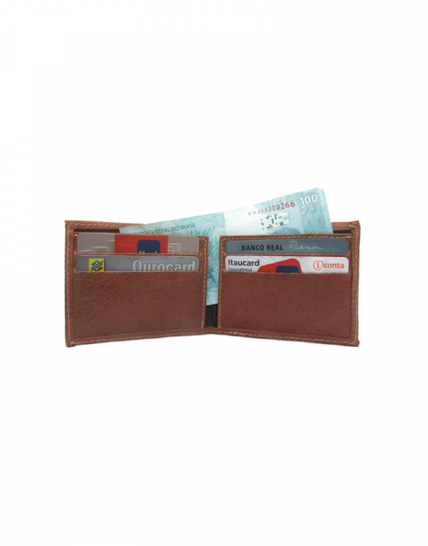 Carteira RR produzida em material sintético caramelo foto aberta com demonstração de itens internos