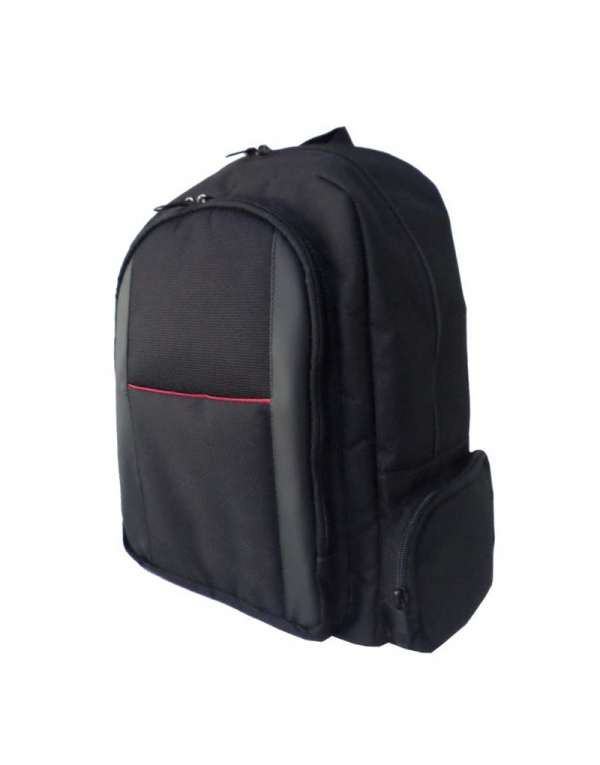Mochila em poliester 600 preto e detalhes em sintetico preto royal possui duas aberturas e mais um bolso externo possui um detalhe vermelho foto lateral