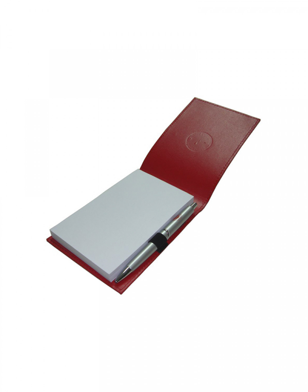 Porta bloco com caneta produzido em sintetico liso vermelho possui elastico para caneta posição aberto
