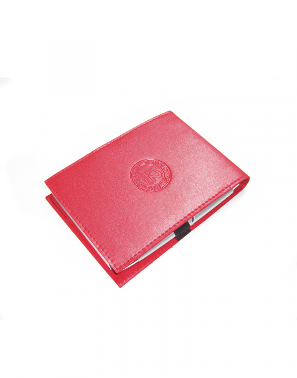 Porta bloco com caneta produzido em sintetico liso vermelho possui elastico para caneta