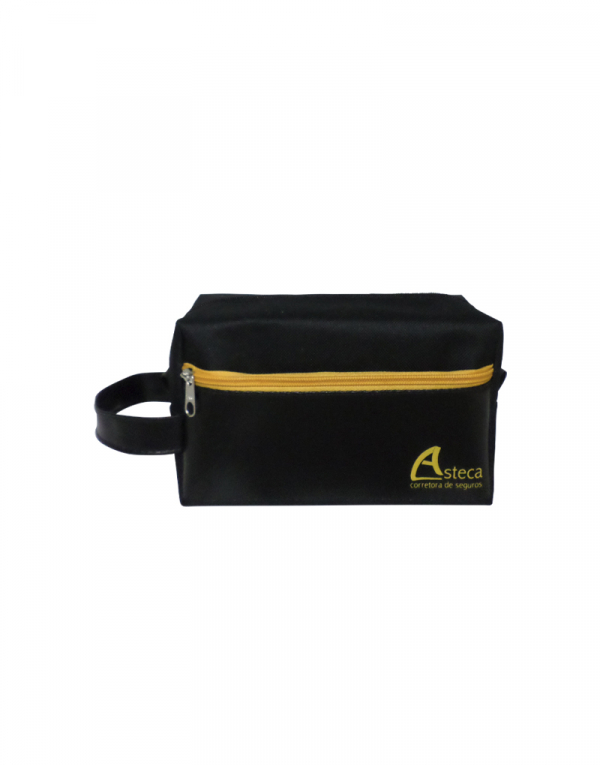 necessaire ev bolso em poliester 600 preto e sintetico preto com ziper amarelo