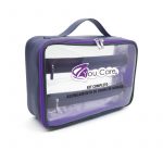 necessaire para maquiagem em poliester roxo com visor de sarja transparente