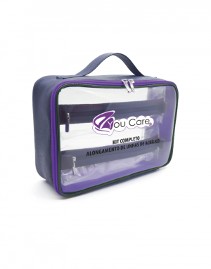 necessaire para maquiagem em poliester roxo com visor de sarja transparente