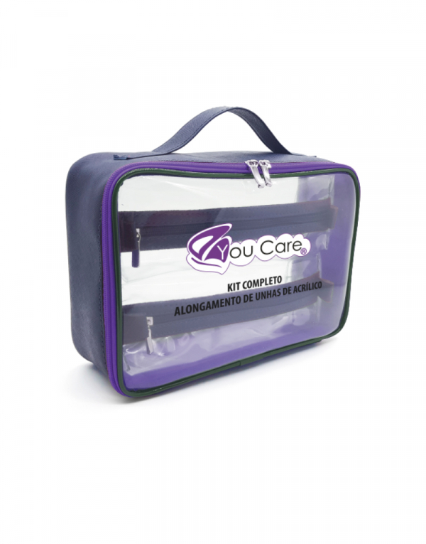 necessaire para maquiagem em poliester roxo com visor de sarja transparente