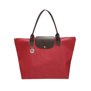 Bolsa trip poliester 600 vermelho e detalhes em sintetico marrom com medalha tipo chaveiro, bolsa dobravel