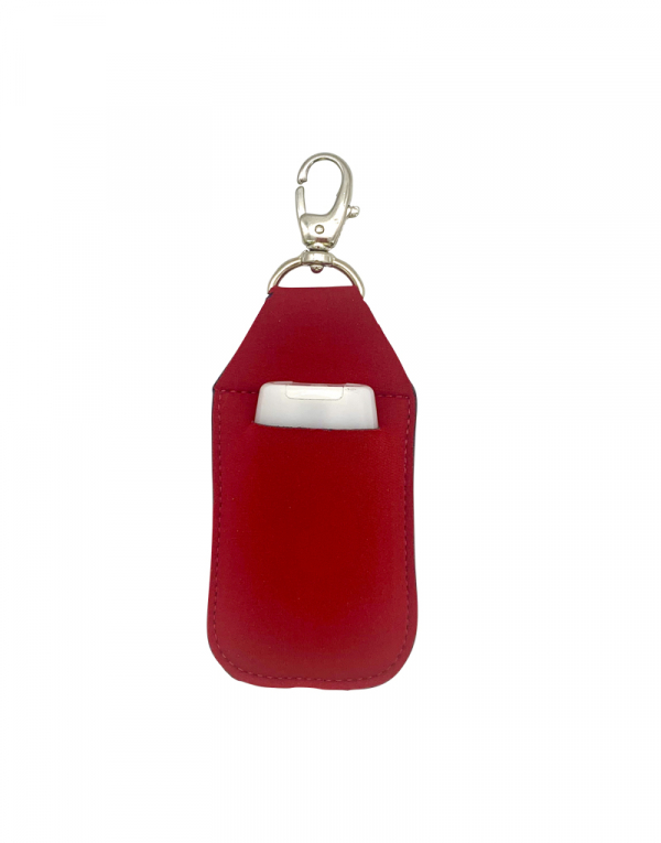 chaveiro porta alcool gel produzido em neoprene vermelho possui mosquetal em metal niquel