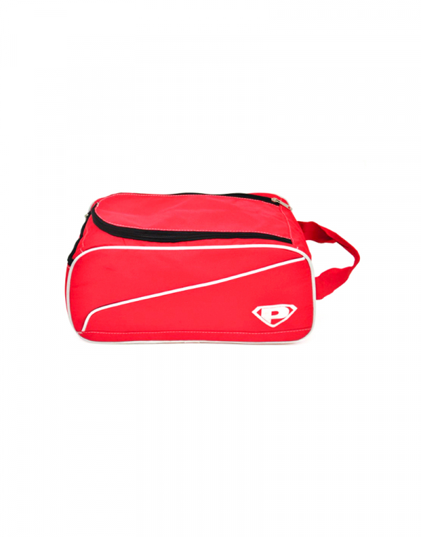 Porta tenis pode ser usado como bolsa de academia material poliester 600 vermelho com detalhes em poliester 600 branco foto lateral