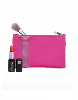 uma necessaire na cor rosa com alguns itens