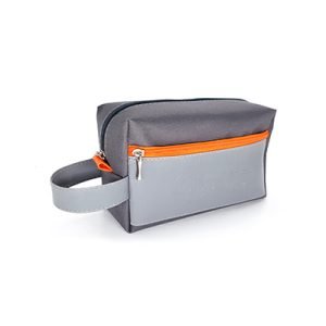 Uma necessaire cinza com ziper amarelo