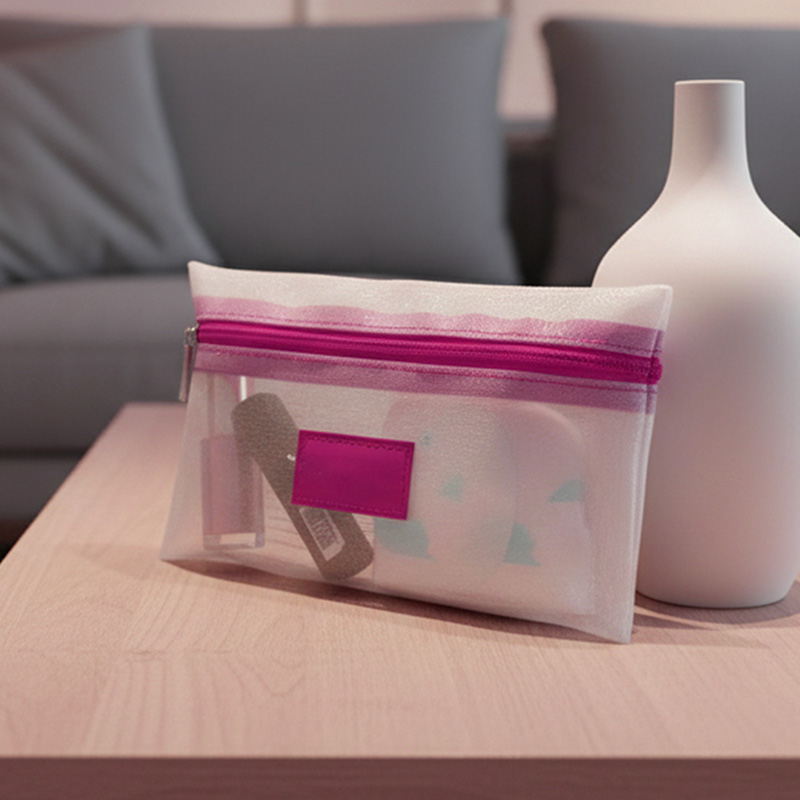 uma necessaire brinde corporativo em umsa sala moderna, ela está encostada em um vaso sobre uma mesa
