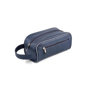 Uma necessaire cinza com bolso frontal, vista de angulo